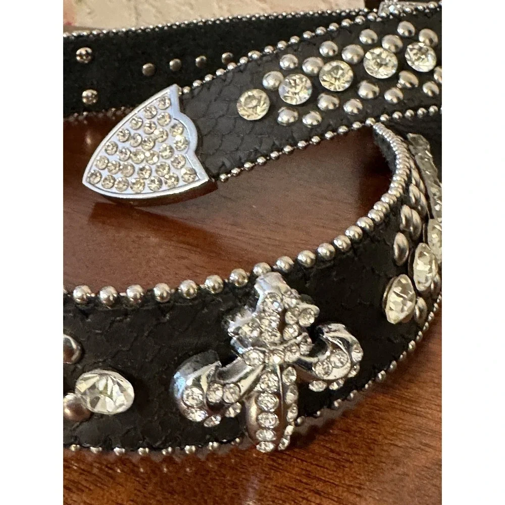 Women's Black Rhinestone Leather Belt size S/M Western Style Black Belt Bling
